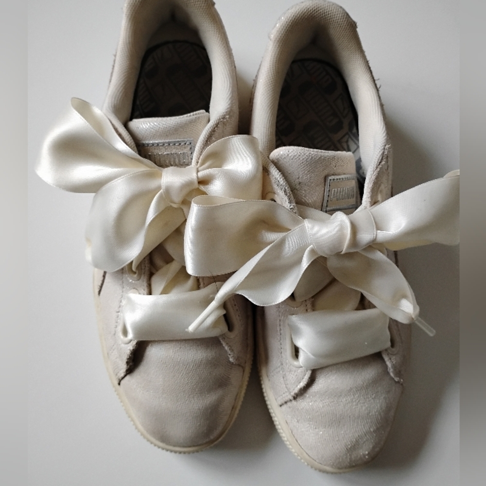 Puma Basket Satin Bow White Sparkle Classic Low Profile Retro Vibe Size 7.5 - Picture 3 of 12